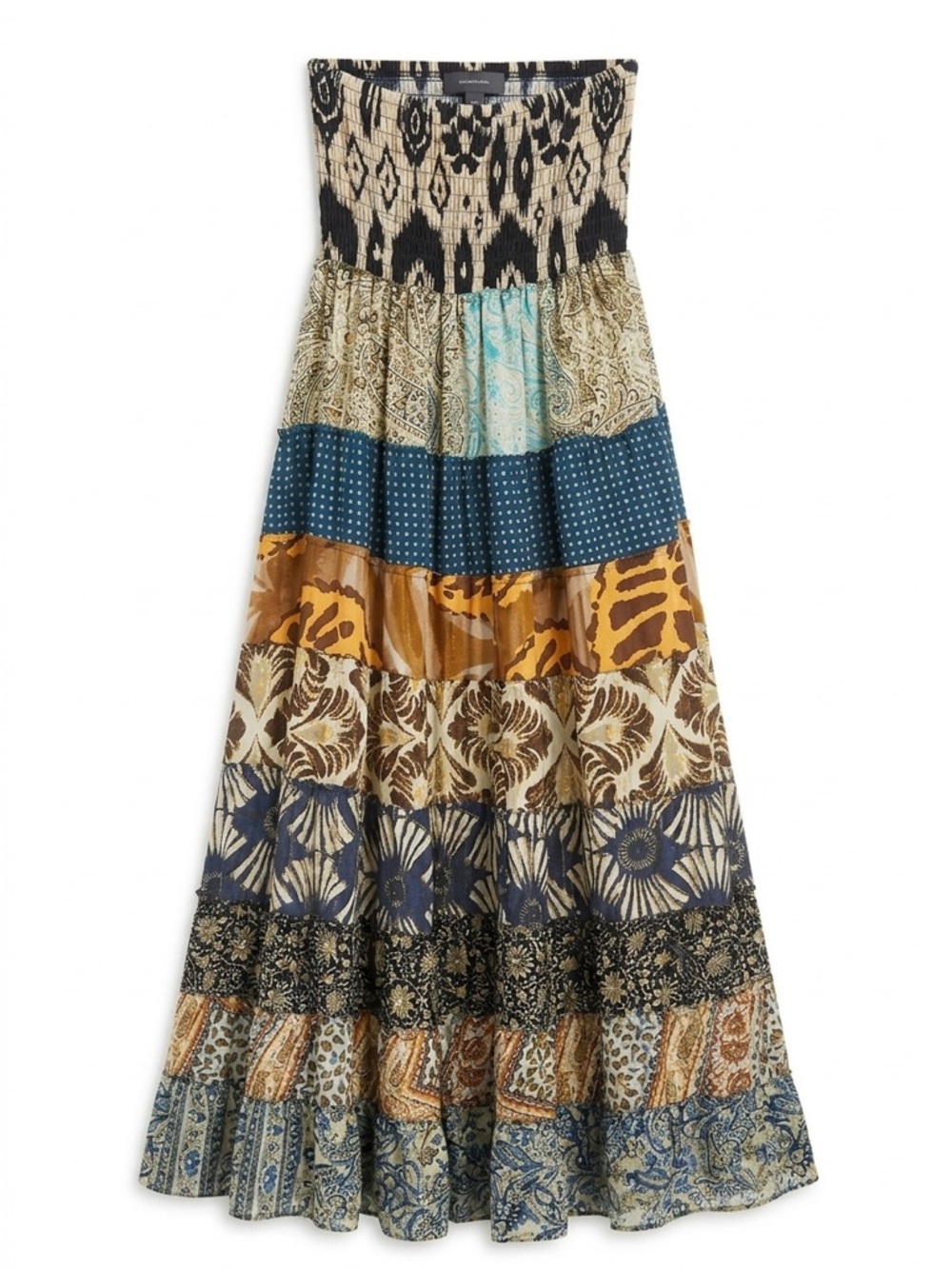 Boho Silk Blend Tiered Patchwork Maxi Skirt | OS can also be strapless dress